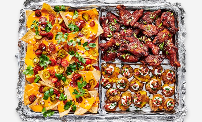 Sheet Pan Trio: Nachos, Sesame Ginger Wings, and Smashed Loaded Potatoes